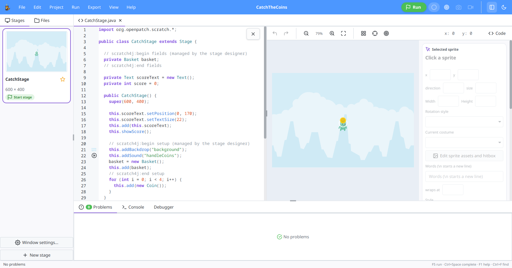 Scratch for Java Studio with the code editor and the visual stage designer side by side